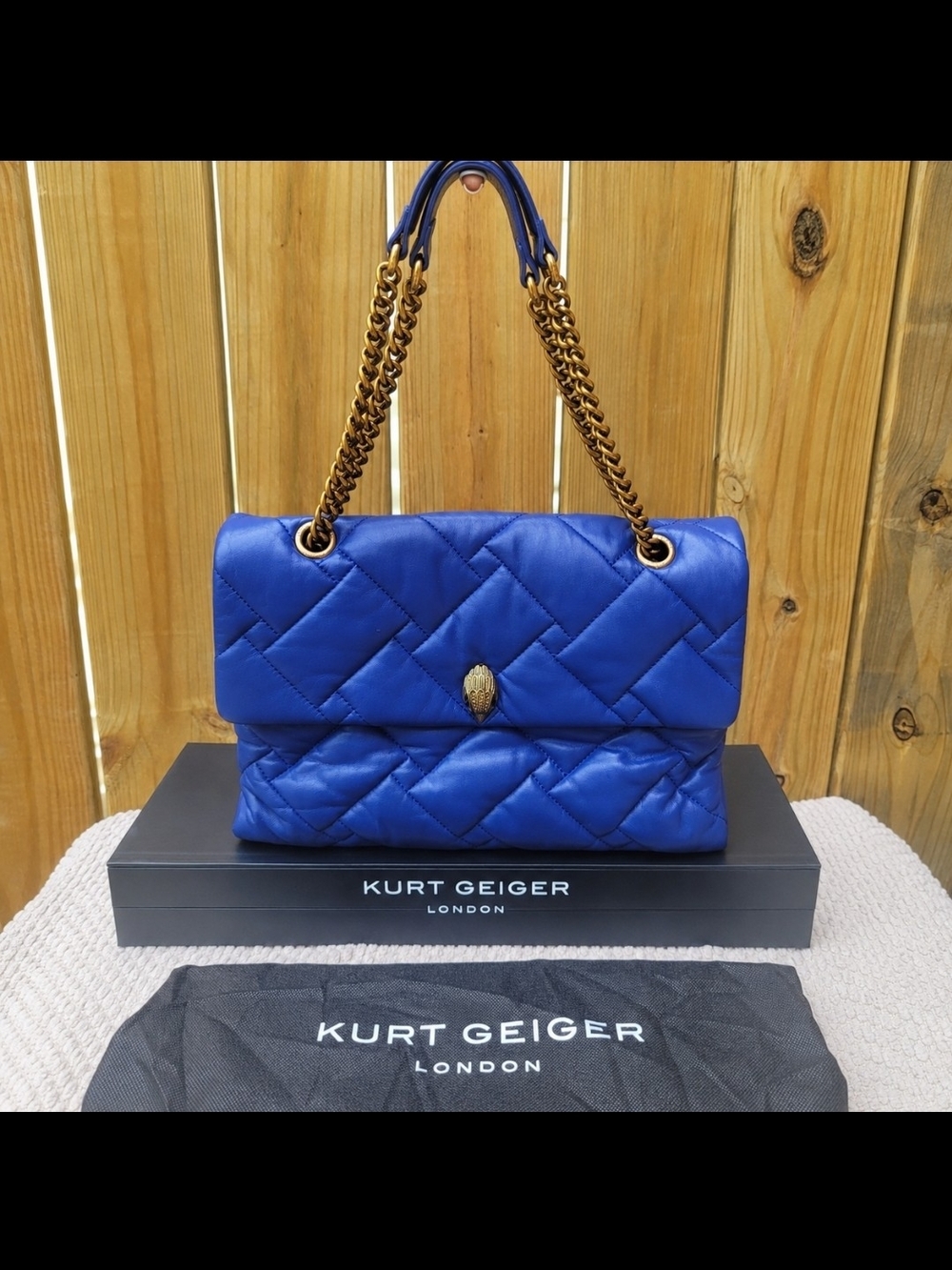 Kurt Geiger London Kensington Large Blue Quilted Leather Shoulder Bag w/Dust Bag